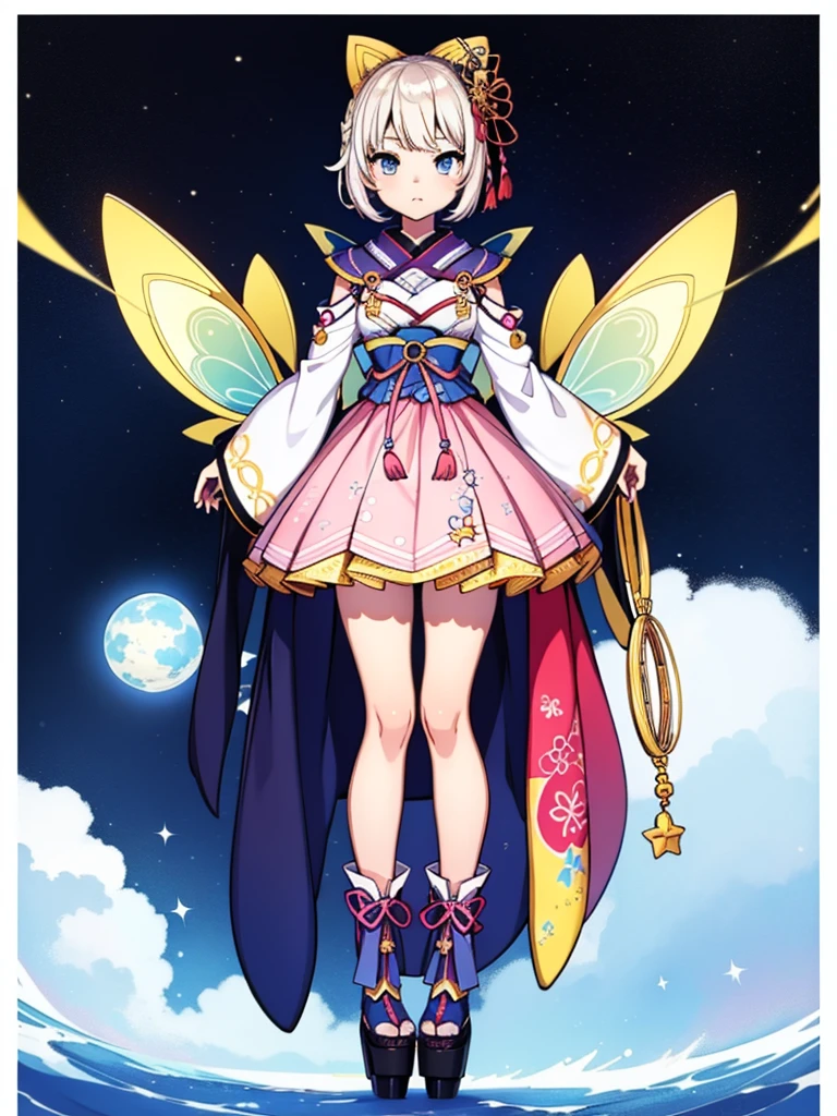 1girl、vtuber-fullbody、8K、Star Fairy、masterpiece、official art、Super detailed、super beautiful、かわいいStar Fairy、white straight short hair、Milky Way、universe、star charm、Star、baby face、Knee-high boots、Japanese pattern dress、浴衣をリメイクした黒と紺色のuniverseを思わせるOiranフリルドレス、universeを思わせるOiranフリルドレス、Oiran