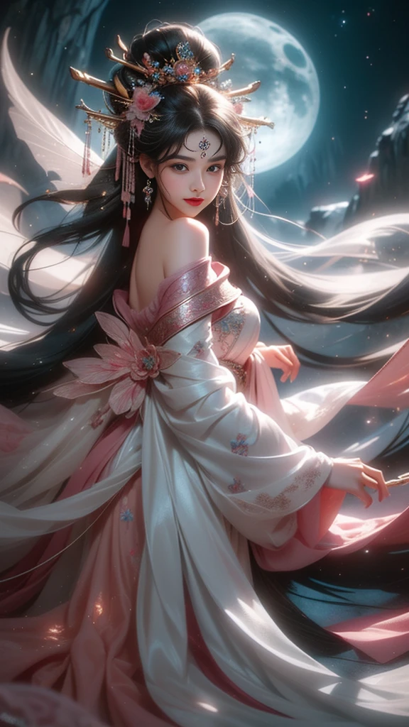 (masterpiece, best quality:1.2), 1 girl, alone, ((off-the-shoulder clothes)), night, lantern, candlelight, In the depths of Wonderland,The moonlight falls like water,foggy room,The figure of the heroine is vaguely visible,Just like the fairy in the painting,Slender sexy legs,very nice legs,Show sexy legs,big breasts,Beautiful with a hint of mystery。Her face is beautiful and delicate,Like finely carved jade,Showing otherworldly beauty。The eyebrows are picturesque,The waves in my eyes are like twinkling stars,Show the light of perseverance and wisdom。The bridge of the nose is straight,Lip color like cherry,The slightly raised corners of the mouth reveal confidence and calmness。Her face is well defined,The skin is as fair as jade,Reveals a healthy glow,Just like fairies, She never eats fireworks in this world。Her makeup is light and delicate,Not too much embellishment,But enough to show her temperament and charm。Light-colored foundation brings out the transparency of the skin,A light eyebrow pencil outlines her perfect eyebrow shape,Eye makeup is eye shadow and eyeliner,Make her eyes brighter and more energetic。Lips painted with grace lipstick,Adds a bit of charm and sophistication。Her clothes are graceful and chic,Clothes fluttering,It seems like it will be blown up by the wind at any time,drifting into the distance。Without losing grace,Also showed off her extraordinary skills。Rocking with her movements。Her hair is tied back casually,Secure it with a hosta,A few strands of hair flutter gently in the wind,Adds a bit of softness。Her figure is looming in the fairyland,Like a Big breastsbeautiful landscape,Attracted everyone's concern。She seems to be a fairy in wonderland,Big breastsbeautiful、grace、mystery、and full of power。