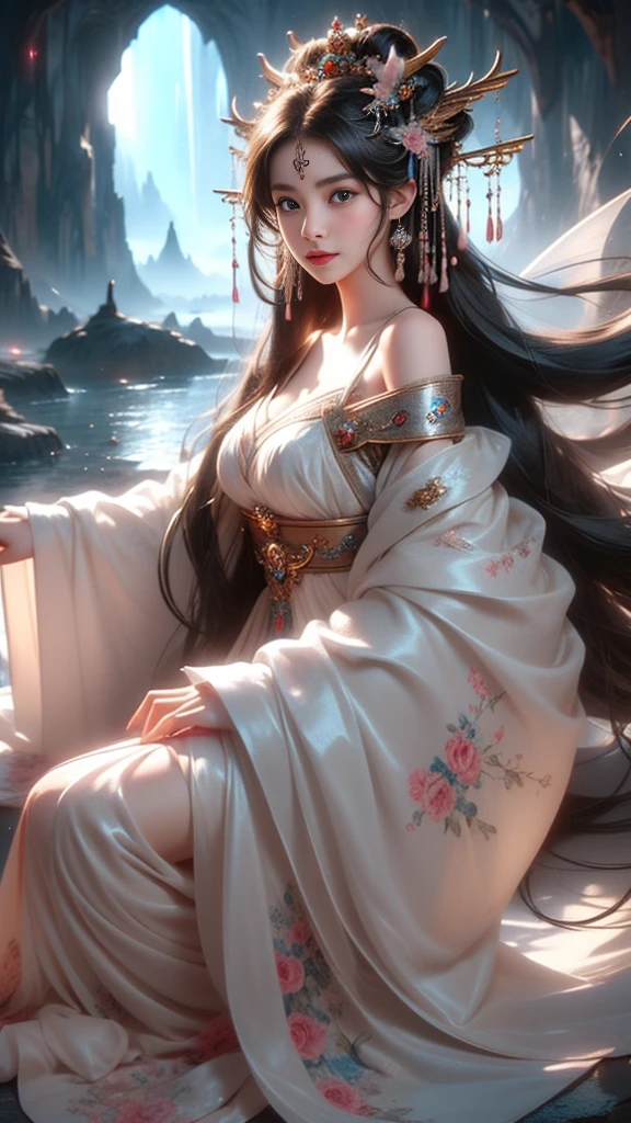 (masterpiece, best quality:1.2), 1 girl, alone, ((off-the-shoulder clothes)), night, lantern, candlelight, In the depths of Wonderland,The moonlight falls like water,foggy room,The figure of the heroine is vaguely visible,Just like the fairy in the painting,Slender sexy legs,very nice legs,Show sexy legs,big breasts,Beautiful with a hint of mystery。Her face is beautiful and delicate,Like finely carved jade,Showing otherworldly beauty。The eyebrows are picturesque,The waves in my eyes are like twinkling stars,Show the light of perseverance and wisdom。The bridge of the nose is straight,Lip color like cherry,The slightly raised corners of the mouth reveal confidence and calmness。Her face is well defined,The skin is as fair as jade,Reveals a healthy glow,Just like fairies, She never eats fireworks in this world。Her makeup is light and delicate,Not too much embellishment,But enough to show her temperament and charm。Light-colored foundation brings out the transparency of the skin,A light eyebrow pencil outlines her perfect eyebrow shape,Eye makeup is eye shadow and eyeliner,Make her eyes brighter and more energetic。Lips painted with grace lipstick,Adds a bit of charm and sophistication。Her clothes are graceful and chic,Clothes fluttering,It seems like it will be blown up by the wind at any time,drifting into the distance。Without losing grace,Also showed off her extraordinary skills。Rocking with her movements。Her hair is tied back casually,Secure it with a hosta,A few strands of hair flutter gently in the wind,Adds a bit of softness。Her figure is looming in the fairyland,Like a Big breastsbeautiful landscape,Attracted everyone's concern。She seems to be a fairy in wonderland,Big breastsbeautiful、grace、mystery、and full of power。