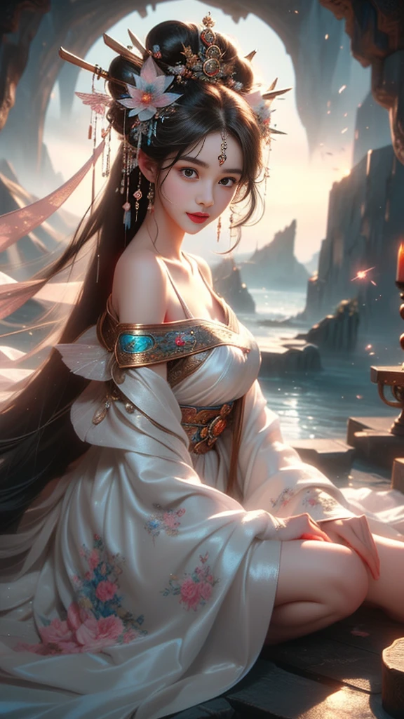 (masterpiece, best quality:1.2), 1 girl, alone, ((off-the-shoulder clothes)), night, lantern, candlelight, In the depths of Wonderland,The moonlight falls like water,foggy room,The figure of the heroine is vaguely visible,Just like the fairy in the painting,Slender sexy legs,very nice legs,Show sexy legs,big breasts,Beautiful with a hint of mystery。Her face is beautiful and delicate,Like finely carved jade,Showing otherworldly beauty。The eyebrows are picturesque,The waves in my eyes are like twinkling stars,Show the light of perseverance and wisdom。The bridge of the nose is straight,Lip color like cherry,The slightly raised corners of the mouth reveal confidence and calmness。Her face is well defined,The skin is as fair as jade,Reveals a healthy glow,Just like fairies, She never eats fireworks in this world。Her makeup is light and delicate,Not too much embellishment,But enough to show her temperament and charm。Light-colored foundation brings out the transparency of the skin,A light eyebrow pencil outlines her perfect eyebrow shape,Eye makeup is eye shadow and eyeliner,Make her eyes brighter and more energetic。Lips painted with grace lipstick,Adds a bit of charm and sophistication。Her clothes are graceful and chic,Clothes fluttering,It seems like it will be blown up by the wind at any time,drifting into the distance。Without losing grace,Also showed off her extraordinary skills。Rocking with her movements。Her hair is tied back casually,Secure it with a hosta,A few strands of hair flutter gently in the wind,Adds a bit of softness。Her figure is looming in the fairyland,Like a Big breastsbeautiful landscape,Attracted everyone's concern。She seems to be a fairy in wonderland,Big breastsbeautiful、grace、mystery、and full of power。