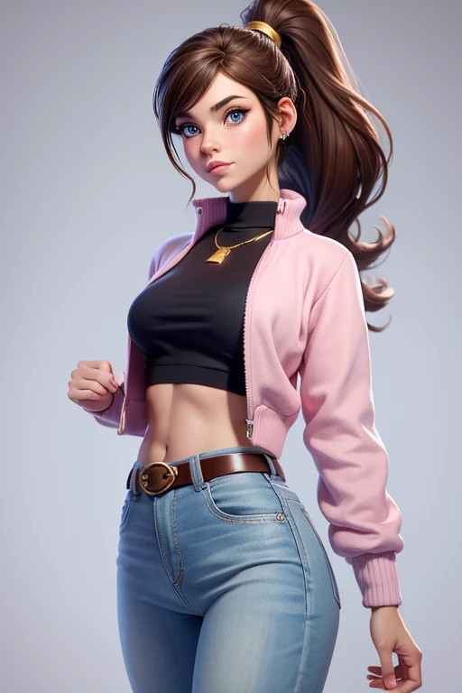 Kitty Pryde with a dark brown ponytail hair, big blue eyes, very small breasts, belt, cotton cream top and open pink cotton sweater  jacket on top!, gold necklace,  low-rise cream denim pants, slim body, covered navel, cropped legs, cotton, front view!, white background, realistic colors, front view, light coming from the right, 8K image quality, Masterpiece