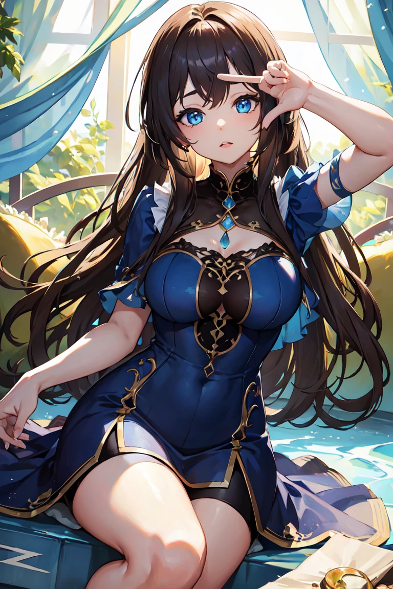 masterpiece、High resolution、high quality、delicate、ultra High resolution、8K、1 female、brown hair、long hair、blue eyes、thick lips、blue dress、perfect hands