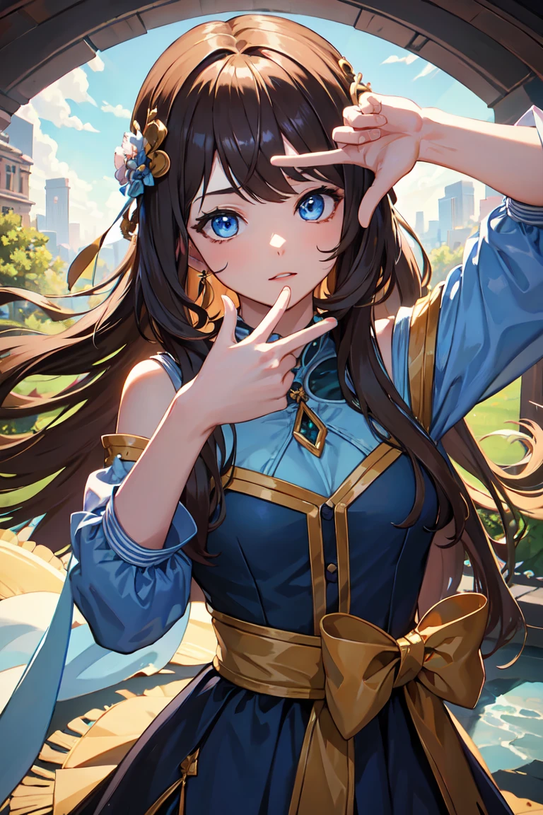 masterpiece、High resolution、high quality、delicate、ultra High resolution、8K、1 female、brown hair、long hair、blue eyes、thick lips、blue dress、perfect hands