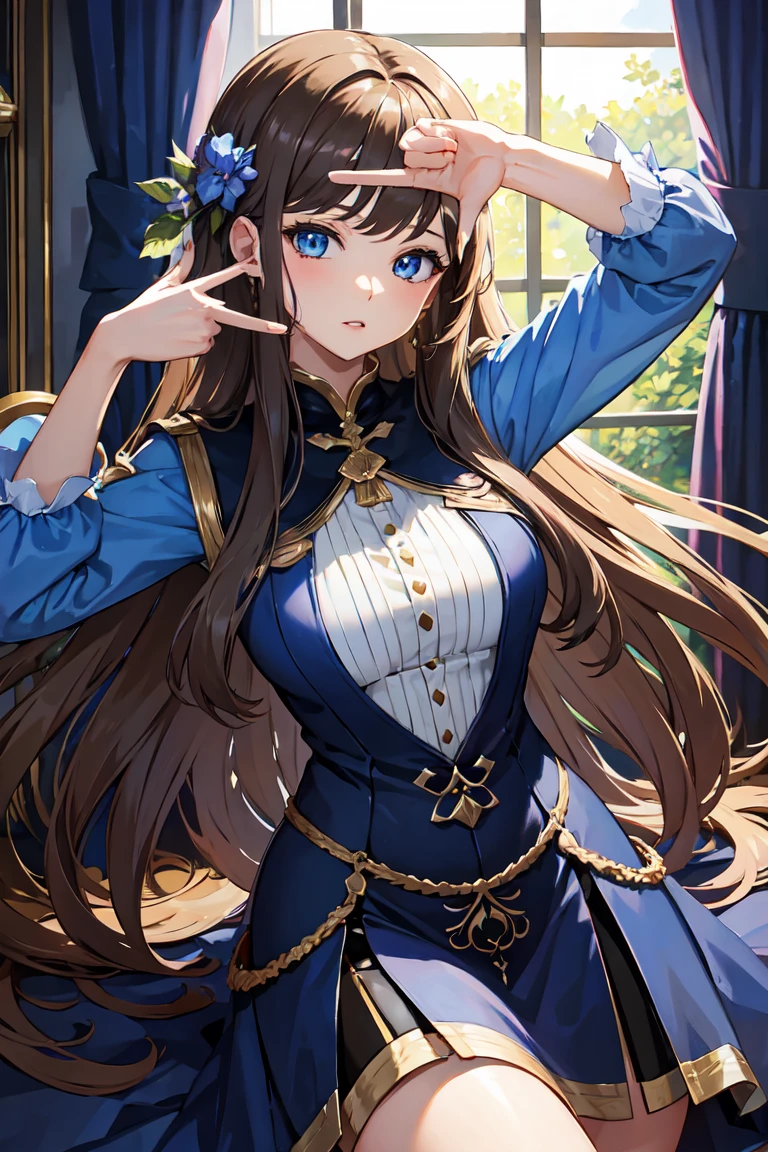 masterpiece、High resolution、high quality、delicate、ultra High resolution、8K、1 female、brown hair、long hair、blue eyes、thick lips、blue dress、perfect hands