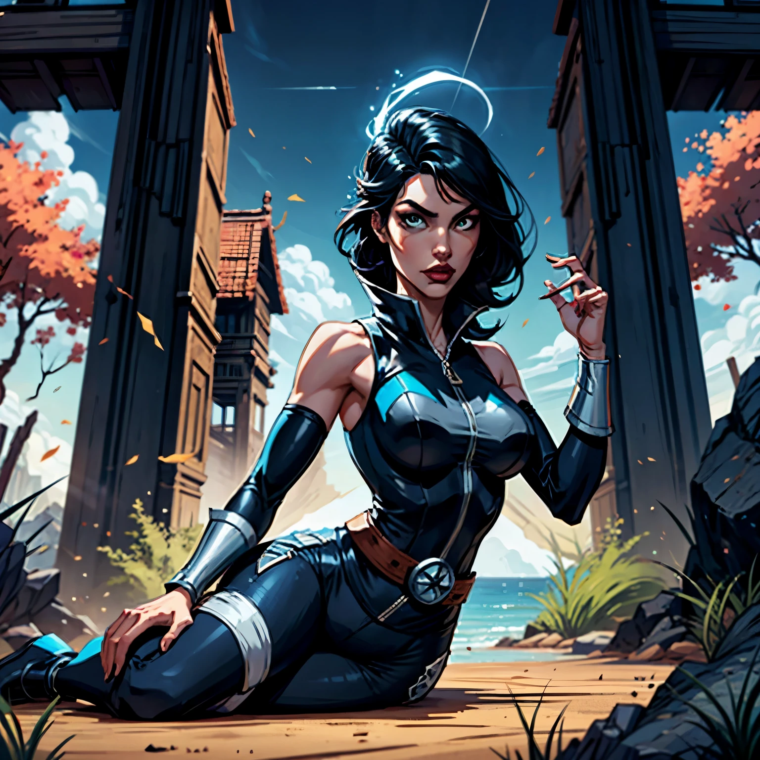 Complete heroine costume inspired by the power to control the four elements of nature using the colors white, black and light blue, fundo liso, costume with cargo pants and complete, sem sapatos