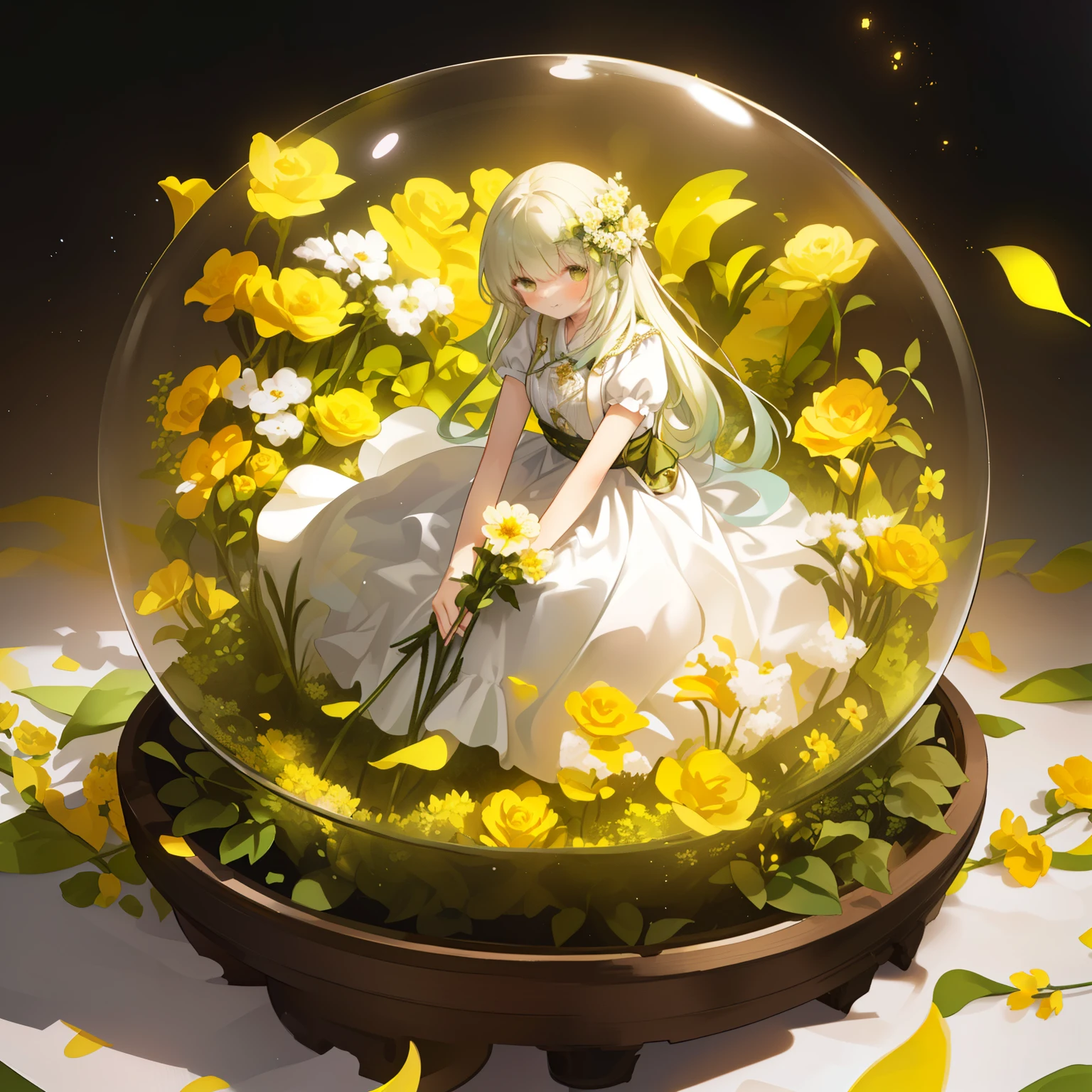 A girl sitting in a glass dome is smiling、The glass dome is filled with yellow flowerasterpiece, best quality, (extremely detailed CG unity 8k wallpaper), (best quality), (best illustration), (best shadow), absurdres, realistic lighting, (Abyss), beautiful detailed glow, art by PeterMohrBacher,