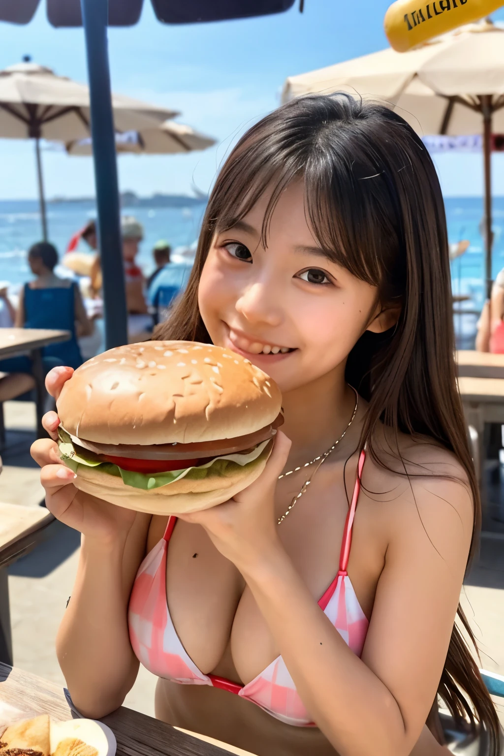 A 20-year-old woman with the cute face of an idol who looks .　Gentle and cute　Please smile kindly　Bust is larger　Bikini　Eating a delicious looking hamburger at a stylish seaside cafe　Raw photo　real　genuine　real life　No copyright notice