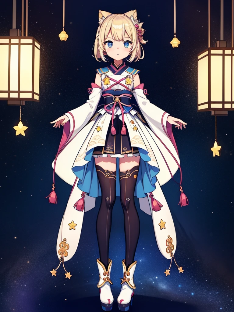 1girl、vtuber-fullbody、8K、Star Fairy、masterpiece、official art、Super detailed、super beautiful、かわいいStar Fairy、white straight short hair、Milky Way、universe、star charm、Star、、Knee-high boots、Japanese pattern dress、浴衣をリメイクした黒と紺色のuniverseを思わせるOiranフリルドレス、universeを思わせるOiranフリルドレス、Oiran