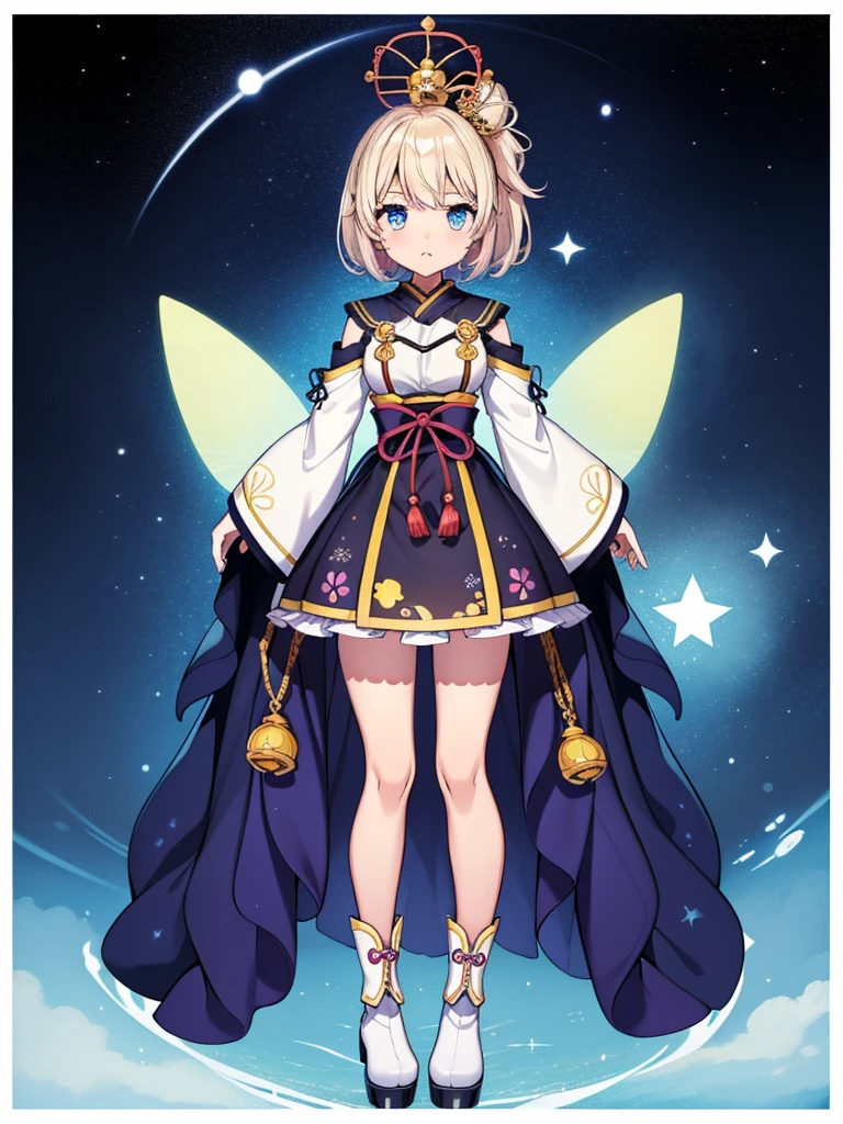 1girl、vtuber-fullbody、8K、Star Fairy、masterpiece、official art、Super detailed、super beautiful、かわいいStar Fairy、white straight short hair、Milky Way、universe、star charm、Star、baby face、Knee-high boots、Japanese pattern dress、浴衣をリメイクした黒と紺色のuniverseを思わせるOiranフリルドレス、universeを思わせるOiranフリルドレス、Oiran