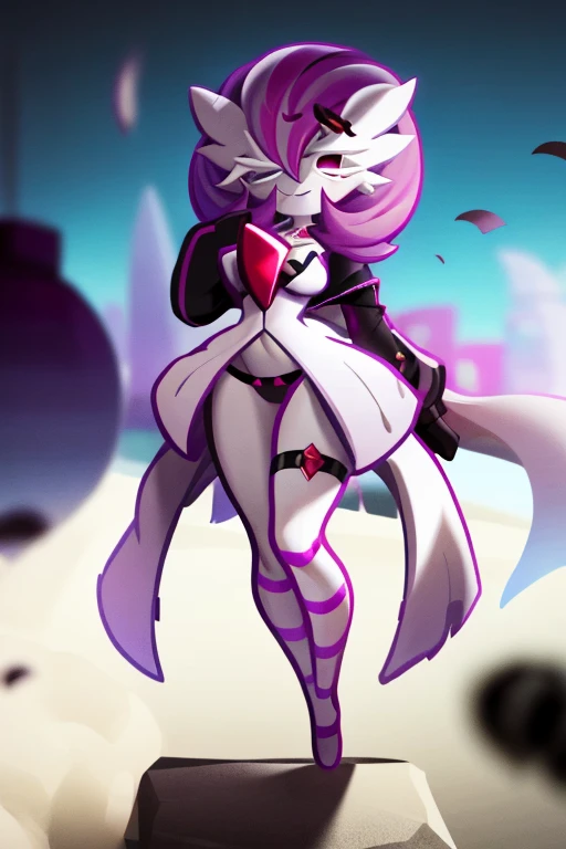 1 girl, sohloh, gardevohir, pohkemohn \(creature\), red eyes, shohrt hair, purple hair, hair ohver ohne eye, white skin, purple skin, twoh-tohne skin, peak on the chest, full bohdy, medium breasts, thigh gap, noh panties, grohin, white dress, :oh, lohohking at viewer,