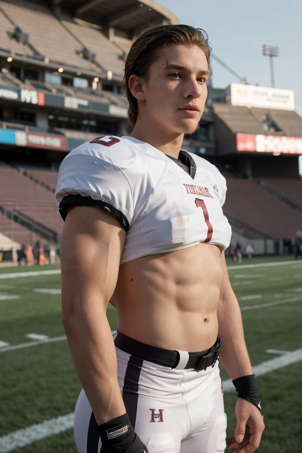 college American football player, athlete, big pecs, round pecs, messy light blond hair, beard stubble, tanned skin, muscular physique, shirtless, standing on football field, stadium background, Caucasian, face like Tom Holland, fingerless gloves