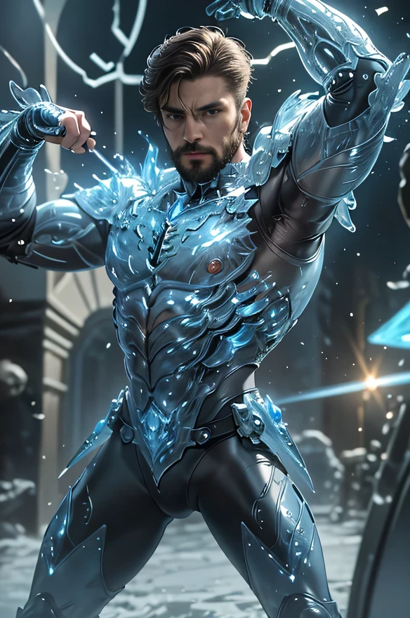 realistic, ((masterpiece)), ((best quality)), (detailed), cinematic, dynamic lighting, soft shadow, detailed background, professional photography, depth of field, intricate, detailed face, subsurface scattering, realistic hair, realistic eyes, muscular, manly, photo of a handsome man, mech4rmor, wearing mechanical paladin armor, glowing, holding shield, dynamic pose, fighting stance,