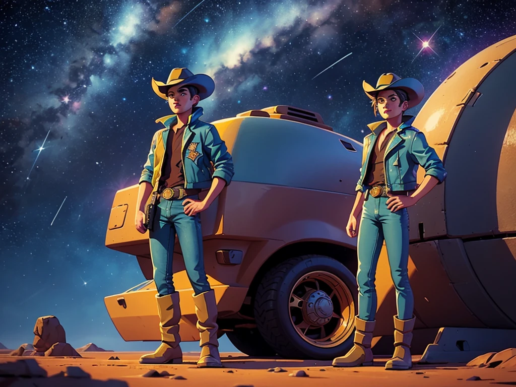 a cowboy in space,detailed facial features,expressive eyes and lips,cowboy hat,leather jacket and boots,dual handguns,cool and confident expression,expansive starry sky scene,worn and dusty spaceship,retro futuristic art style,vibrant colors and warm tones,dramatic lighting and shadows