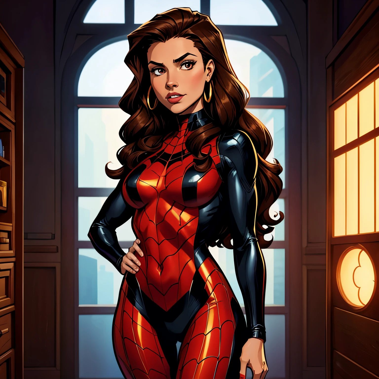 Marvel cómic panels female  in a black and red spidersuit, long curly dark brown,  hair round eyes dark brown color, and thick mouth, golden earrings,brunette skin