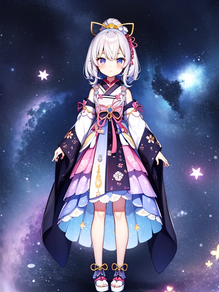 1girl、vtuber-fullbody、8K、Star Fairy、masterpiece、official art、Super detailed、super beautiful、かわいいStar Fairy、white straight short hair、Milky Way、universe、star charm、Star、、Knee-high boots、Japanese pattern dress、浴衣をリメイクした黒と紺色のuniverseを思わせるOiranフリルドレス、universeを思わせるOiranフリルドレス、Oiran