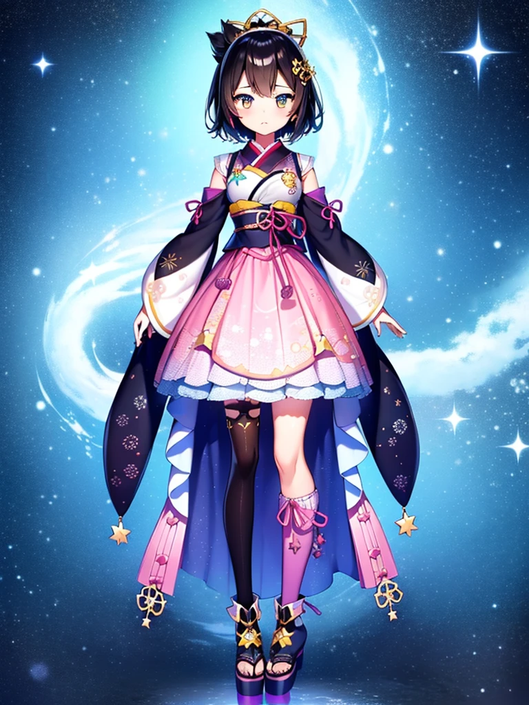 1girl、vtuber-fullbody、8K、Star Fairy、masterpiece、official art、Super detailed、super beautiful、かわいいStar Fairy、white straight short hair、Milky Way、universe、star charm、Star、、Knee-high boots、Japanese pattern dress、浴衣をリメイクした黒と紺色のuniverseを思わせるOiranフリルドレス、universeを思わせるOiranフリルドレス、Oiran