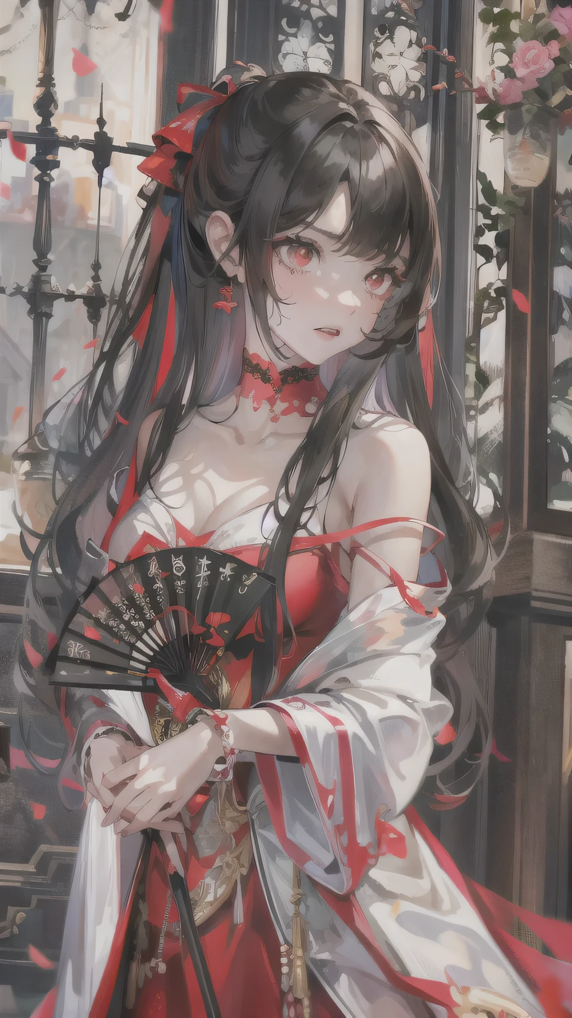 (perfect anatomy, masterpiece:1.4, best quality, 16k, beautiful detailed grow), profile (standing style) (hand holding Folding fan), break, (solo straight black hair long hair femdom cute girl, ((18 yo)), detailed red eyes, sweaty:1.3 skin, Troubled face), (in a detailed red detailed Summer dress), break, in the enchanted castle.