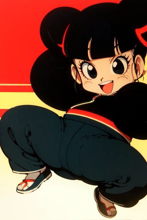 souaru,black eyes,retro artstyle,1girl,solo,,1980s \(style\),black hair,masterpiece, expensive quality, very_expensive_solve, big_file size, full color,(completely nude:1.2),pussy,niplles,chibi,