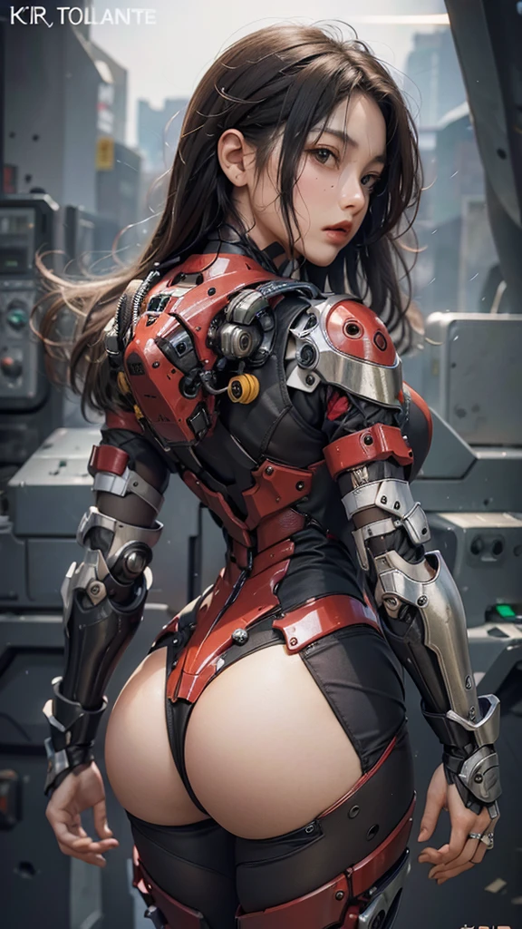 (Masterpiece), (Best quality), Photorealism, Realistic, Ultra detailed, Perfect face, Perfect body, 1girll, Beautiful girl, Girl in red armor, Mechanical armor, exoskeleton, Stand, Cool pose, Sexy, Watching from behind