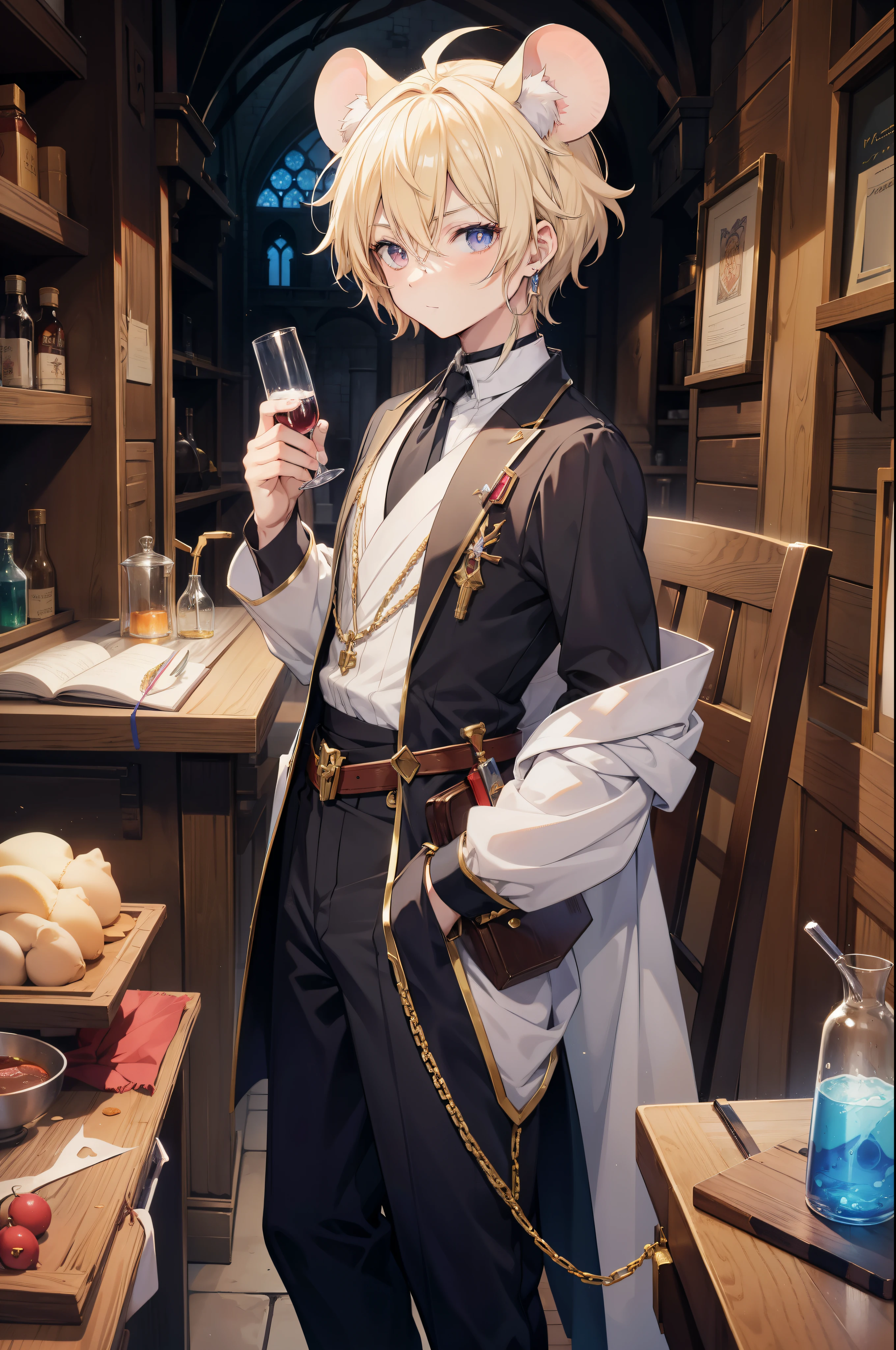 (anime boy masculino), demi human , mouse ears , medieval , laboratory , potions , frascos