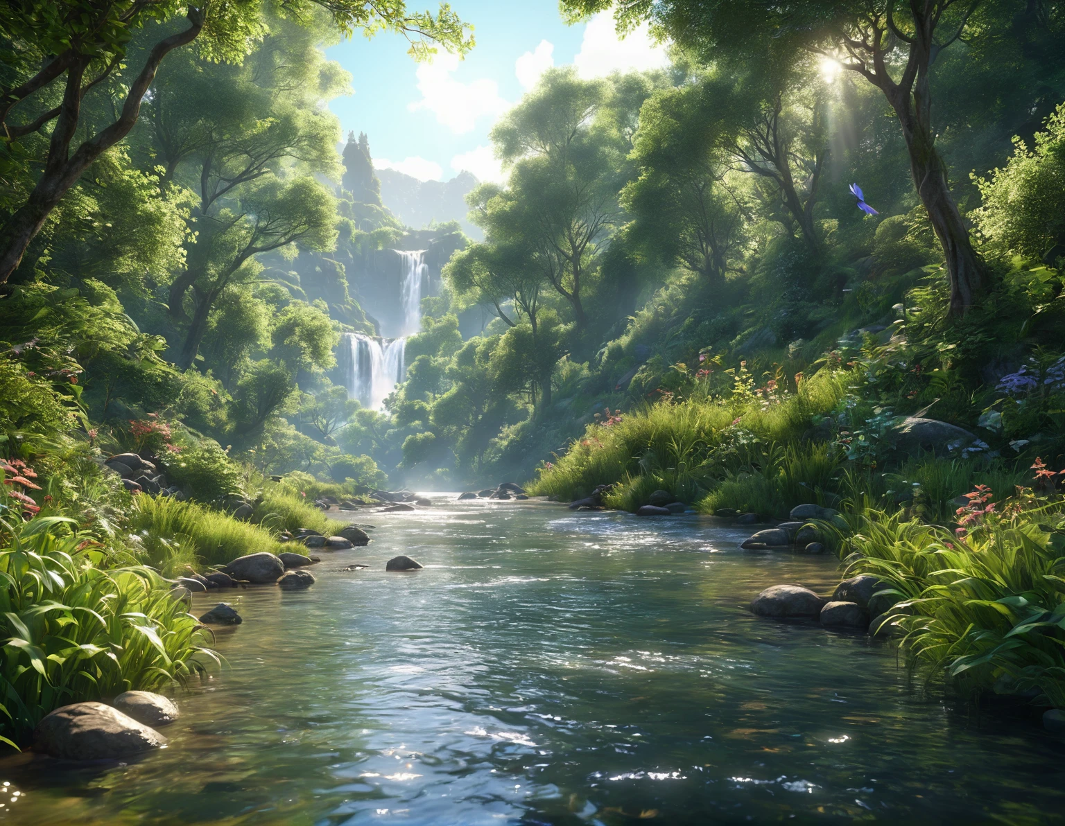 a hyper-realistic image in high definition, a river with calm and clear waters, running through a forest in a valley, vast vegetation and foliage around, birds and butterflies flying, immersive atmosphere, fantasy look, fairy tale, dew in vegetation, a waterfall in the background, soft rays of the morning sun, intricate details, detailed shadows, 8k resolution, greg rutkowsky style