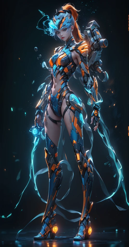 Kim Kroll, Game character design,3D character rendering,(((pixar-style))),League of Legends Jinx,((1个Giant Breast Girl,(Blue double ponytail: 1.5),Very long blue braids,red eyes,Laughter,future warrior,Mechanical Warframe,Decorated with luminous lines and rivets,With streamer effect or LED light embellishment,Laser cannon、Ion cannon or pulse cannon)),((Hairstyling design:Brilliant deep blue,Add some glowing elements,Futuristic headwear such as orange photoelectric glasses or head-mounted displays)),((expressive design:Add some glowing lines or orange LED light effects to the face decoration,Design different facial expressions,Highlight the image of future warriors)),(action design:On the move、When releasing a skill or attacking,Add some special effects and animations,Highlight the sense of future and combat),((Special effects design:Add a cool orange lighting effect、Electromagnetic wave effect or virtual interface,Enhance skin visual impact)), (((The stands up,Metal heels: 1.8, Glowing lines or orange LED light effect))), (Full body shot: 1.5),gaming character