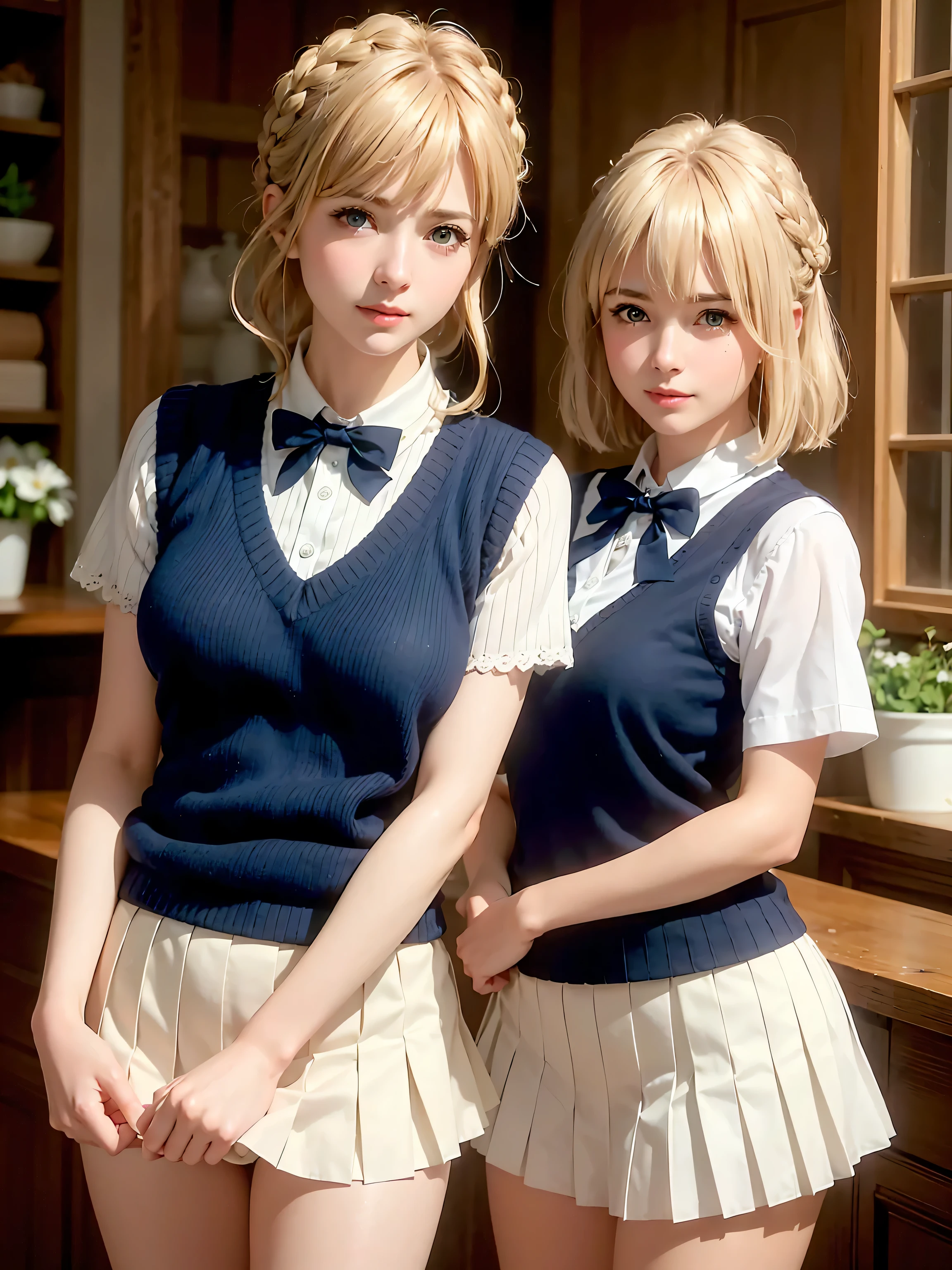 (masterpiece:1.2, highest quality), (realistic, photorealistic:1.4), beautiful illustrations, (natural side lighting, movie lighting), Depth of written boundary, 
looking at the viewer, (face focus, Upper body), Front view, 1 girl, English, high school girl, , perfect face, Cute symmetrical face, shiny skin, 
(bob hair:1.7,blonde), asymmetrical bangs, Big eyes, droopy eyes, long eyelashes chest), thin, 
beautiful hair, beautiful face, fine and beautiful eyes, beautiful clavicle, beautiful body, beautiful breasts, beautiful thighs, beautiful feet, beautiful fingers, 
((fine fabric texture, Brown knitted vest, short sleeve white collar shirt, navy pleated skirt, Navy bow tie)), 
(beautiful scenery), evening, (Inside the flower shop), Are standing, (smile, Upper grade, open your mouth),  (((skirt lift, I can see your panties))),
