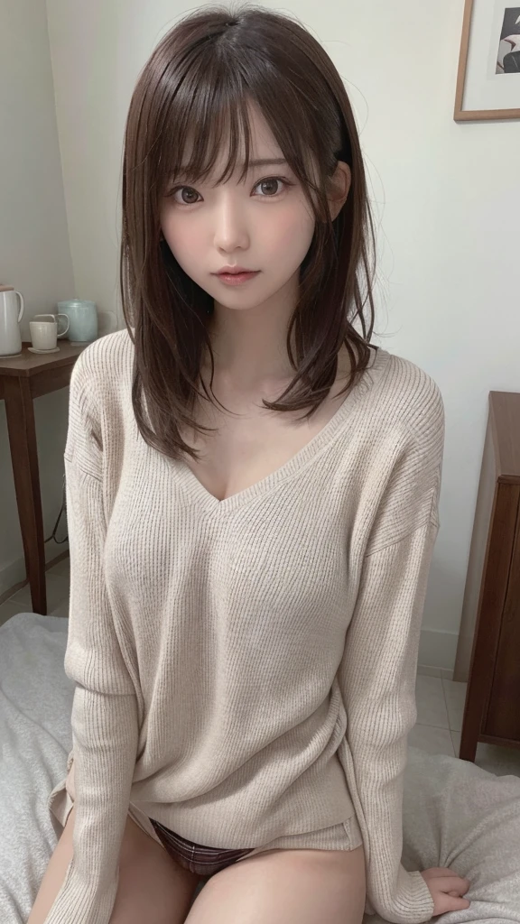 brown hair、Photographed from the front、A 21-year-old woman with brown hair and eyes looking up、solo、delicate face、long eyelashes、(brown eyes:1.3)、Tartan、Bedroom、angle from above、underwear、Sweat、open your mouth wide、