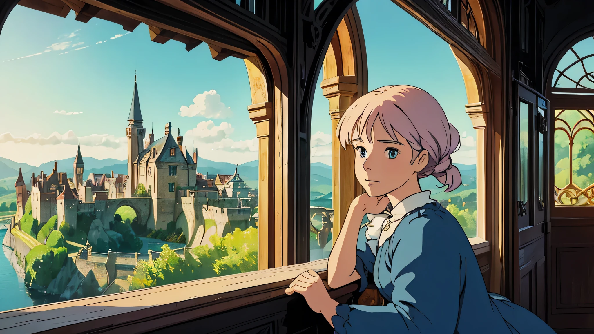 An image capturing the moment of a woman, strikingly similar to Sophie from 'Howl's Moving Castle', taking a sip of coffee on the beautiful balcony of the castle under the soft morning light. She is dressed in an Edwardian dress, harmonizing with the distinctive design of Howl's magical castle. In the background, the complex and enchanting structure of the moving castle is visible, along with a fantastical landscape stretching into the distance. Sophie's eyes are gentle, seemingly enjoying a peaceful moment in the morning