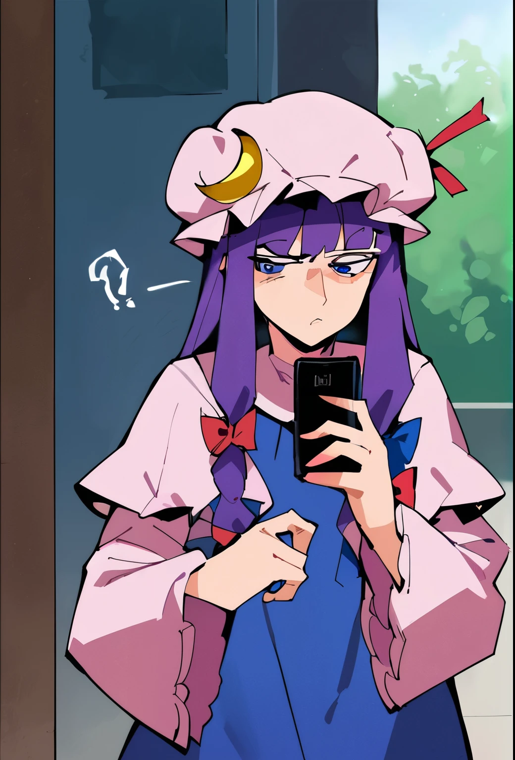 source_anime, (2d), score_9, score_8_up, score_7_up, score_6_up, score_5_up, score_4_up, solo, 1girl, standing, holding phone, looking at phone, :o, patchouli knowledge, mob cap, purple hair, cowboy shot, confused, raised eyebrow