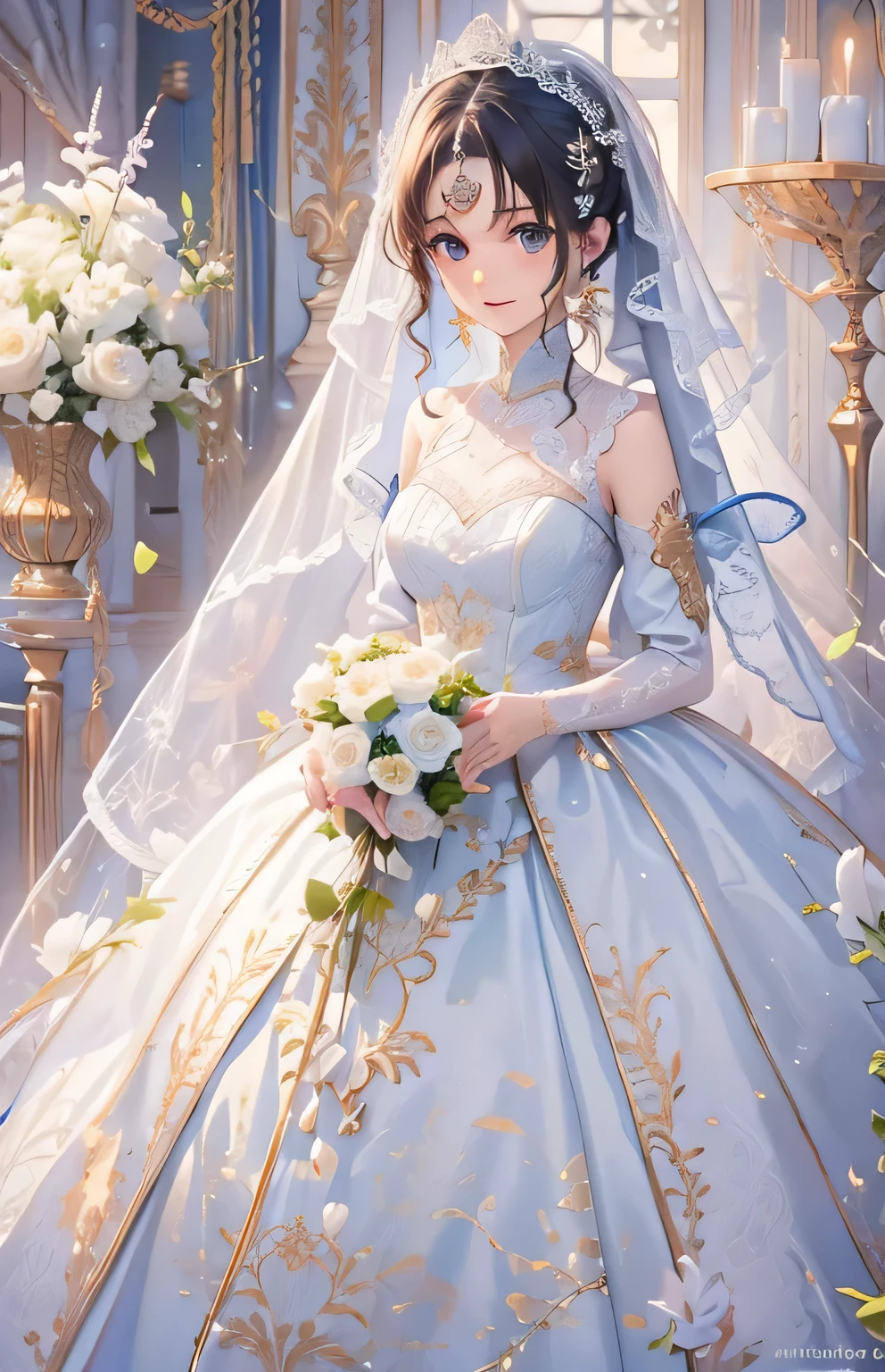 ((highest quality)), ((masterpiece)), (get used to it), perfect face , beautiful girl , bride , Wedding dress , association ,