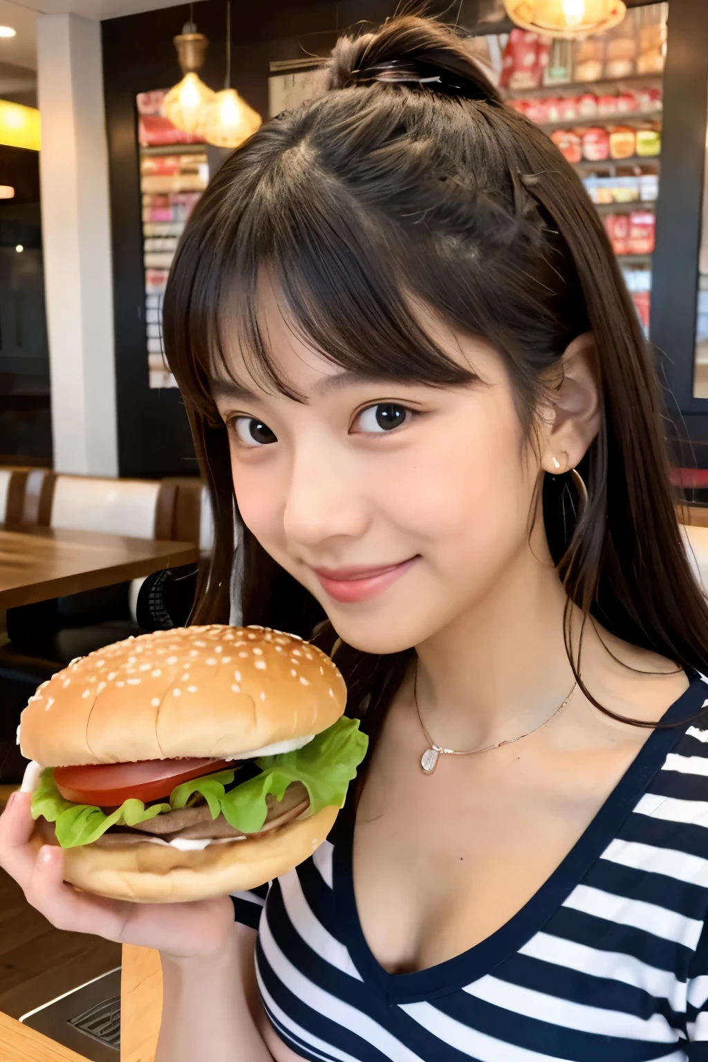 A 20-year-old woman with the cute face of an idol who looks .　Gentle and cute　Please smile kindly　Bust is larger　Bikini　Eating a delicious hamburger in a stylish restaurant　Raw photo　real　genuine　real life　No copyright notice