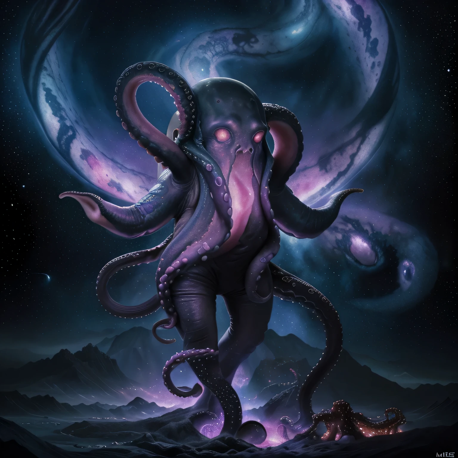 Cosmic majestic octopus with a tatoo number 8, #8, realist, masterpiece, 8k, cosmic void, terror, genesis, apocalypse, armagedon, full art, magical, dark fantasy, insane, unique