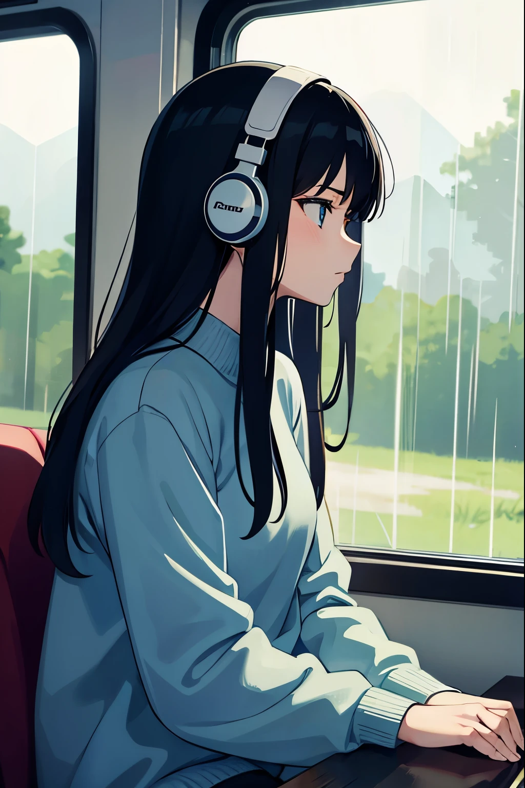 25 year old girl, listening to music in her headphones, beautiful rainy landscape outside the bus window, lofi style, ghibli style, long black hair, 4k definition, profile view, looking at the horizon, big headphones.
