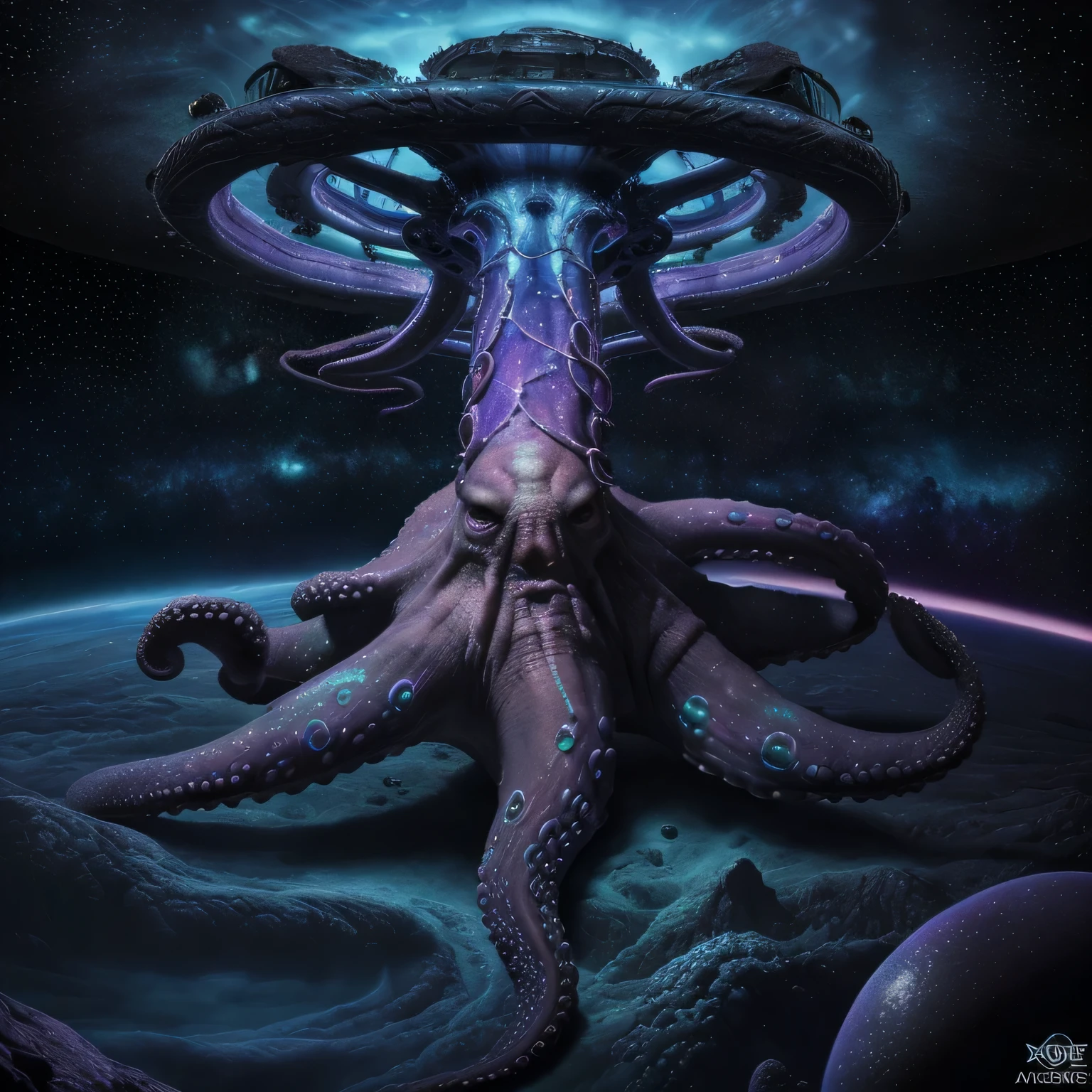 Cosmic majestic octopus with a tatoo number 8, #8, realist, masterpiece, 8k, cosmic void, terror, genesis, apocalypse, armagedon, full art, magical, dark fantasy, insane, unique