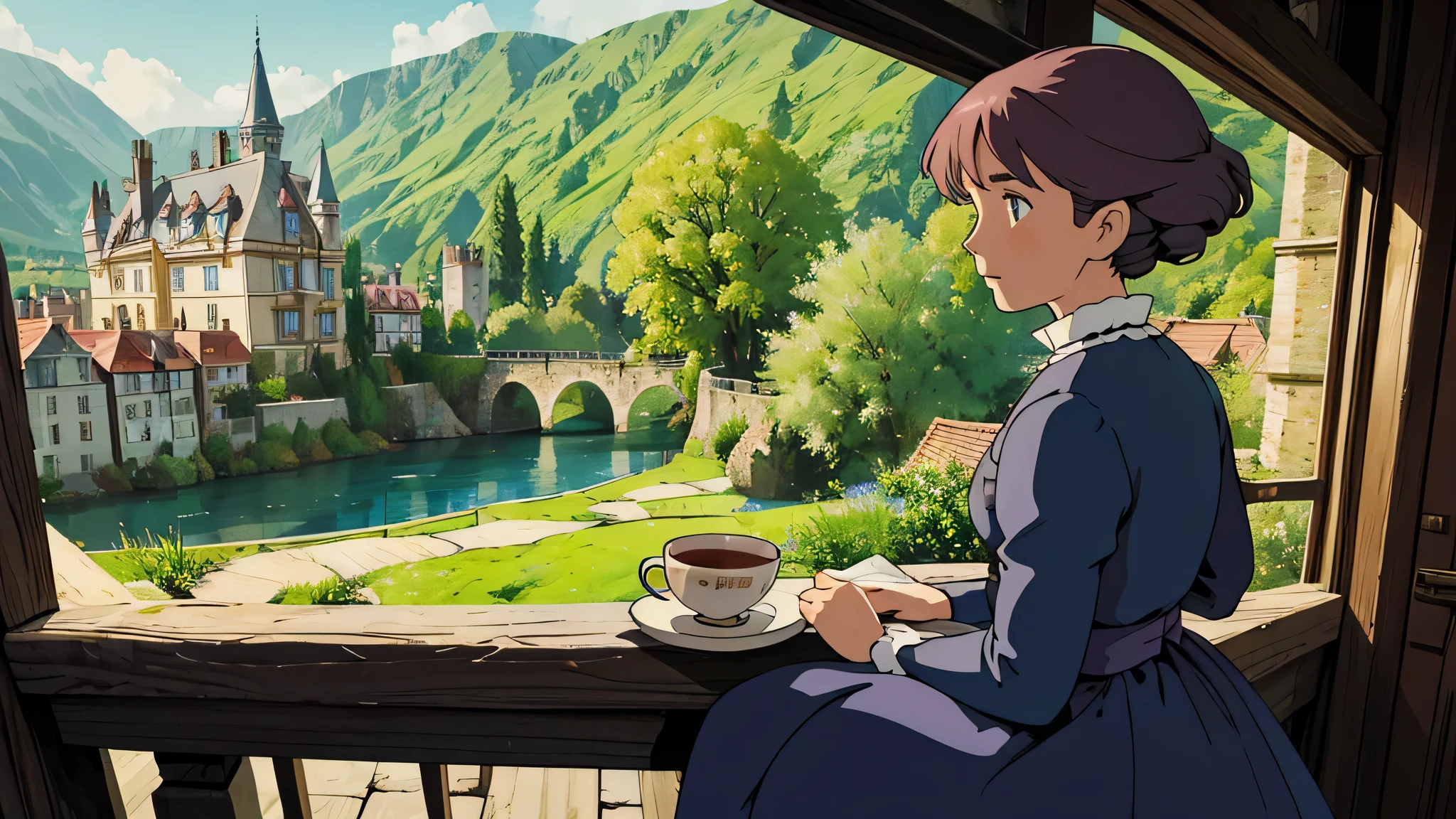 An image capturing the moment of a woman, strikingly similar to Sophie from 'Howl's Moving Castle', taking a sip of coffee on the beautiful balcony of the castle under the soft morning light. She is dressed in an Edwardian dress, harmonizing with the distinctive design of Howl's magical castle. In the background, the complex and enchanting structure of the moving castle is visible, along with a fantastical landscape stretching into the distance. Sophie's eyes are gentle, seemingly enjoying a peaceful moment in the morning