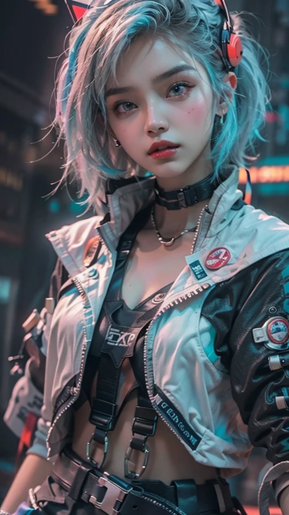 offcial art, Unity 8k wallpaper, Ultra detailed, Beautiful and aesthetic, Beautiful, Masterpiece, Best quality, 8K, Skin texture:1.4, tmasterpiece:1.4,Pose behind beauty,(Cyberpunk style Lolita costume in random colors),(Focus on the knee),The face is clear,