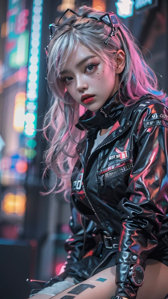 offcial art, Unity 8k wallpaper, Ultra detailed, Beautiful and aesthetic, Beautiful, Masterpiece, Best quality, 8K, Skin texture:1.4, tmasterpiece:1.4,Pose behind beauty，(Cyberpunk style Lolita costume in random colors)，(Focus on the knee)，The face is clear，