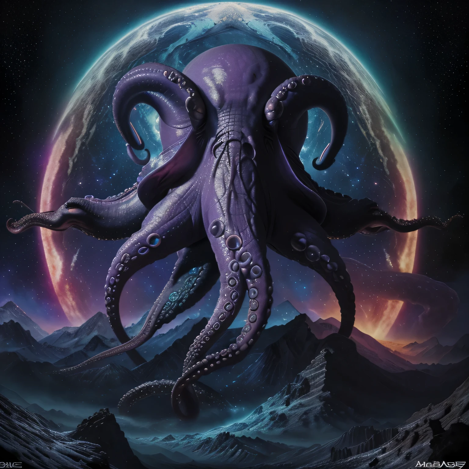 Cosmic majestic octopus  with a tatoo number 8, #8, realist, masterpiece, 8k, cosmic void, terror, genesis, apocalypse, armagedon, full art, magical, dark fantasy, insane, unique