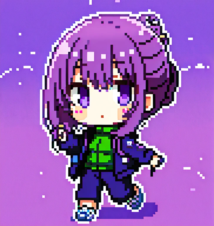 Masterpiece, Top Quality, 1Girl, violet eyes, violet hair, updo, Down Jacket, Turtleneck Sweater, Cargo pants, Sneakers, taking a walk, (violet Theme: 1.4), Cartoon, Chibi:1, no background