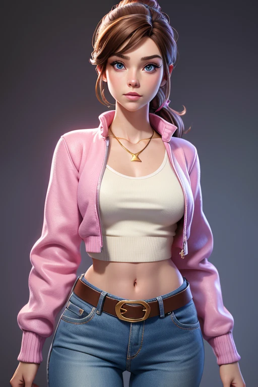 Kitty Pryde with a dark brown ponytail hair, big blue eyes, very small breasts, belt, cotton cream top and open pink cotton sweater jacket on top!, gold necklace, low-rise cream denim pants, slim body, covered navel, cropped legs, cotton, front view!, white background, realistic colors, front view, light coming from the right, 8K image quality, Masterpiece