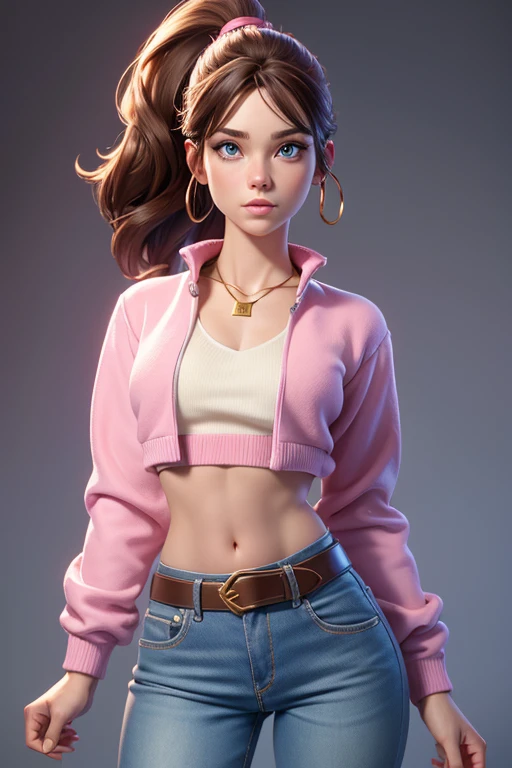 Kitty Pryde with a dark brown ponytail hair, big blue eyes, very small breasts, belt, cotton cream top and open pink cotton sweater jacket on top!, gold necklace, low-rise cream denim pants, slim body, covered navel, cropped legs, cotton, front view!, white background, realistic colors, front view, light coming from the right, 8K image quality, Masterpiece