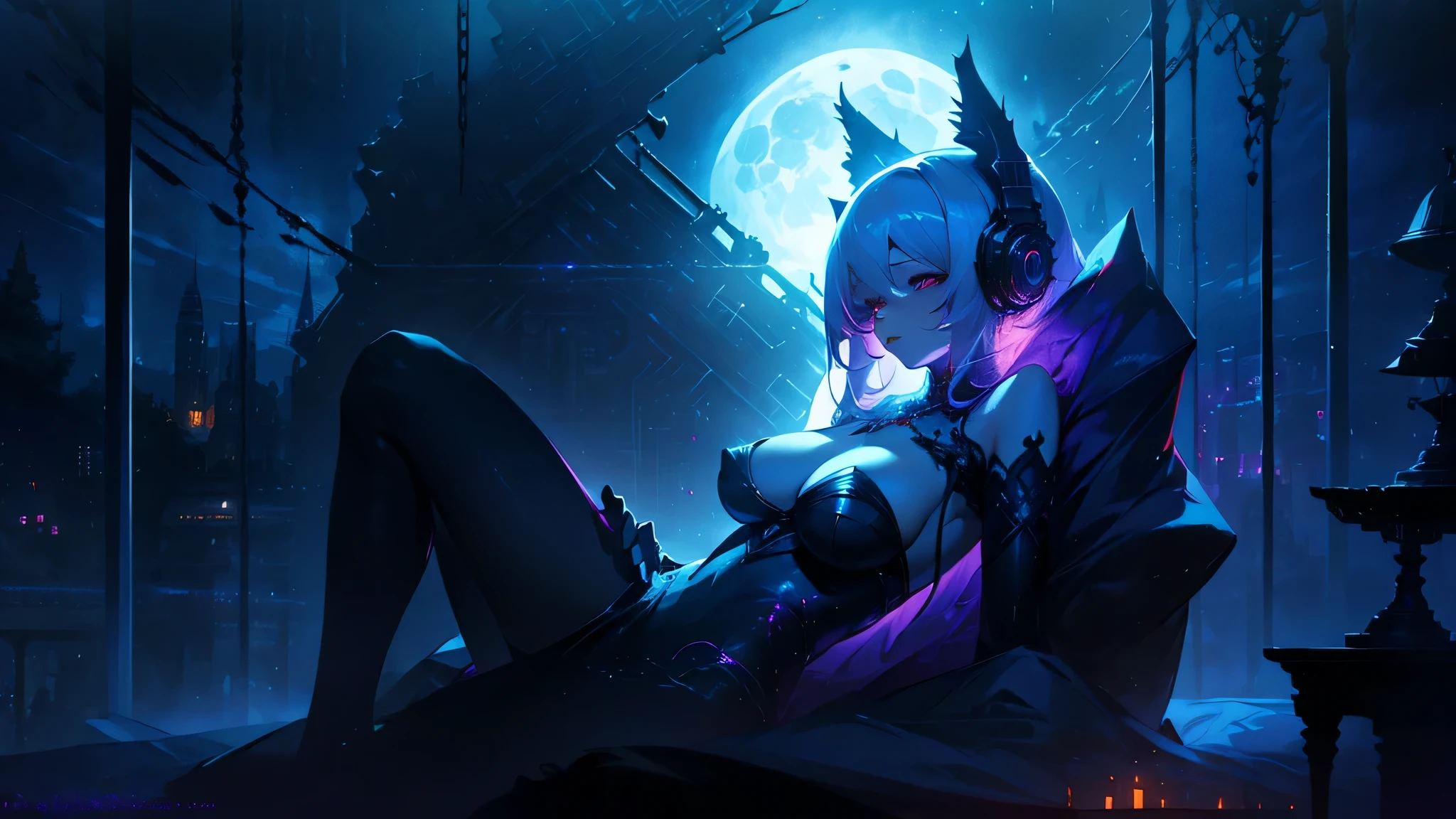 A woman wearing headphones is wrapped up in bed、The large window behind offers a beautiful night view.、big breasts、sexy、dimly lit room、moonlight、exposed、Downlight、full moon、Stylish interior、On your back、red cat eyes、silver hair