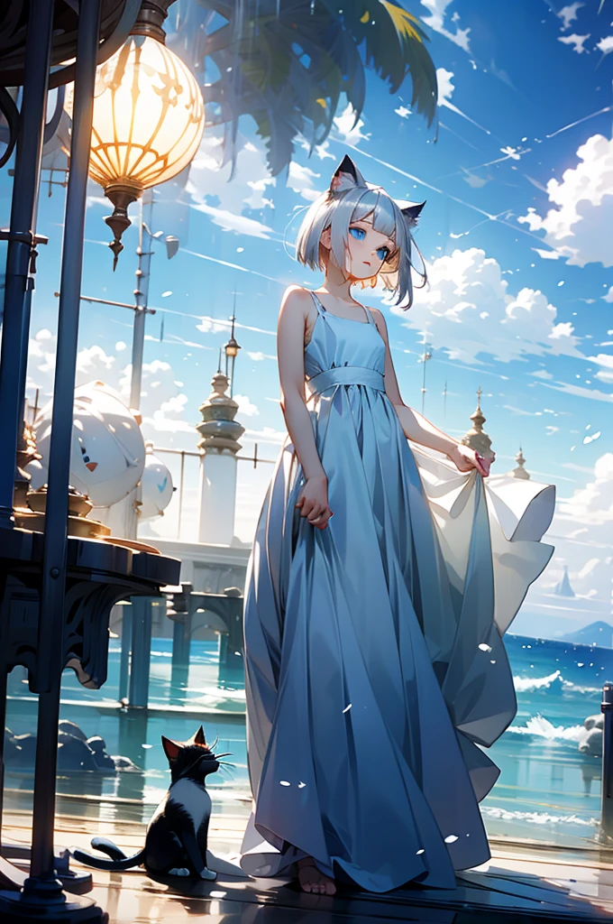 ((highest quality))、((masterpiece))、(detailed)、masterpiece,best quality, high quality,ulutra detailed、((soro girl1.6))、Perfect Face、fantasy、BREAK((he is short、girl、Cat ear、blue eyes、Silver Bob Hair、))、Camisole long dress、put one foot in the sea、Stand on tiptoes、Standing about 20 meters away、The wind blows through、on the sea、Between the horizon and the sea、Side view、Ripples spreading from the toes、illumination、((Daytime 1.9、Sun Shines 1.9、outdoor))