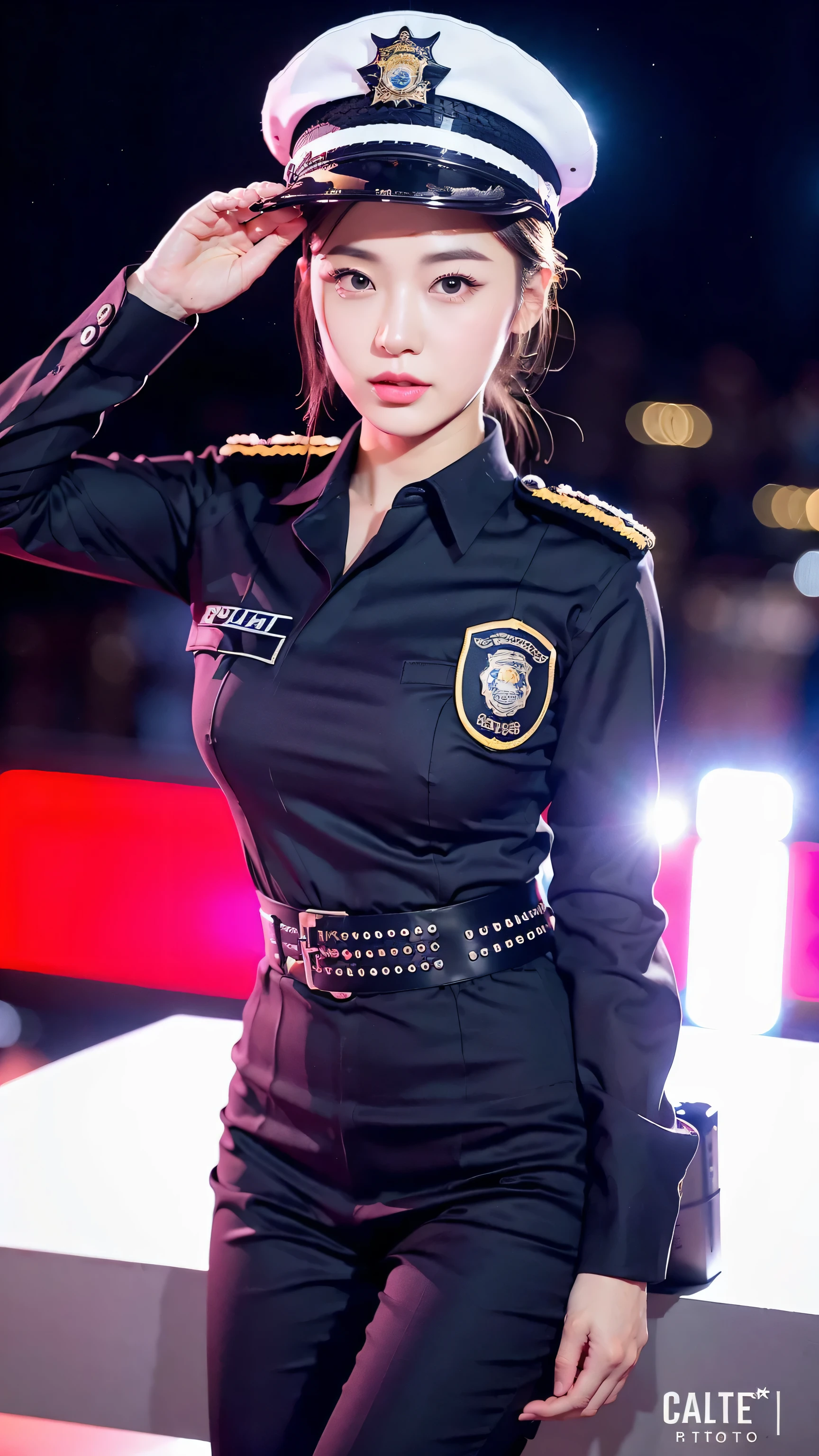 ((RAW photograph, Realistic photo, Best quality, 8K, Masterpiece: 1.3)), (raw photo:1.2), Hyperrealist portrait gorgeous Beautiful Chinese police girl, young girl, , pretty body, (beautiful breasts: 1.2), very detailed eyes and face, (lustfully naughty face, natural lip, natural makeup: 1.3, blushing), beautiful detailed eyes, seductive sharp eyes, (happy expression: 1.2), smooth white skin, photo realistic, very detailed faces, ((police shirt, police pant), (police cap), ((high rank)), heels boots), (long legs: 1.2, beautiful long nails), chignon hairstyle, ((to salute the flag, stand at attention)), (city at night background)