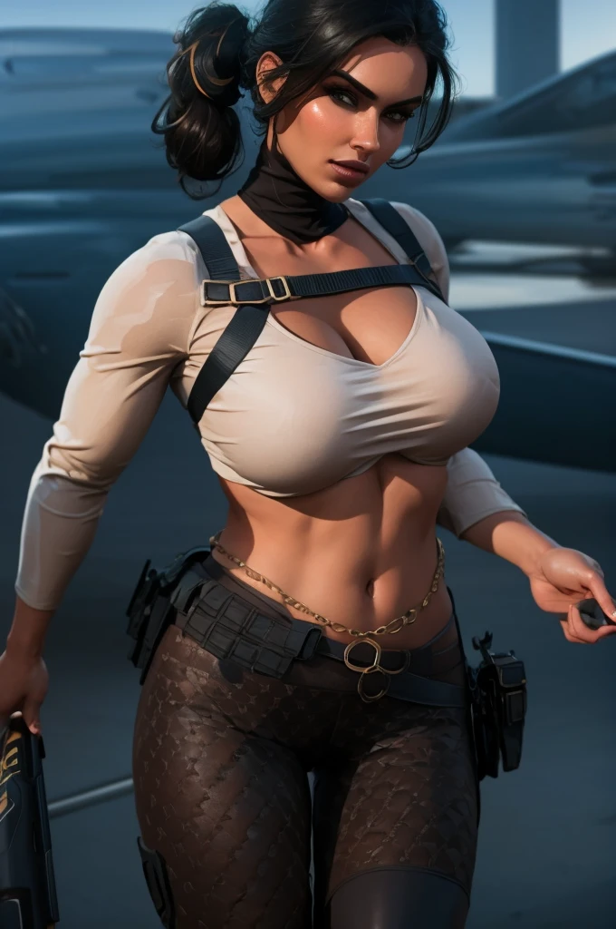 (full body portrait, 1 girl, looking at viewer, highly detailed, anatomy correct, perfect face, eyes, and hands:1.4), tactical gear, coffee knee boots, (athletic body:1.3), coffee leggings, jewelry, black ponytail hair, ski mask, ((Best quality, masterpiece, Very beautiful woman)), Depth-of-field, Multi-layered textures, HDR (High Dynamic Range), Ray Tracing, NVIDIA RTX, Unreal 5, Subsurface scattering, PBR Texturing, Post-processing, Anisotropic Filtering, Maximum clarity and sharpness, Wide aperture, Low ISO, White balance, Rule of thirds, 8K RAW, (extremely slutty), (Highly realistic skin), sharp image, (extremely high quality artwork), she have an habano in the right hand