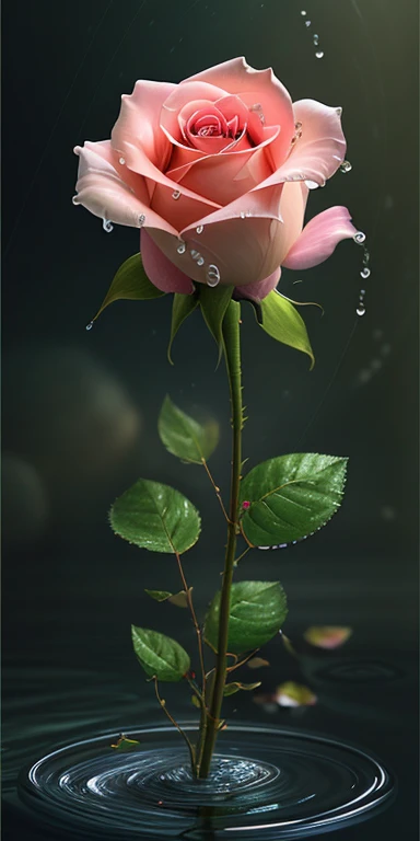 highest quality, realistic, photorealistic, super detailed, "赤いRose+in water" ,ultra wide angle,accent lighting,volume lighting,Backlight, (detailed light),((very delicate and beautiful)),dramatic_Shadow,light_trace,HDR、Rose、赤いRose、Petals fluttering、art、Drops of water、花びらについたDrops of water、A masterpiece of transparent painting、びしょ濡れのRose、