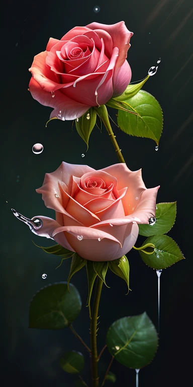 highest quality, realistic, photorealistic, super detailed, "赤いRose+in water" ,ultra wide angle,accent lighting,volume lighting,Backlight, (detailed light),((very delicate and beautiful)),dramatic_Shadow,light_trace,HDR、Rose、赤いRose、Petals fluttering、art、Drops of water、花びらについたDrops of water、A masterpiece of transparent painting、びしょ濡れのRose、