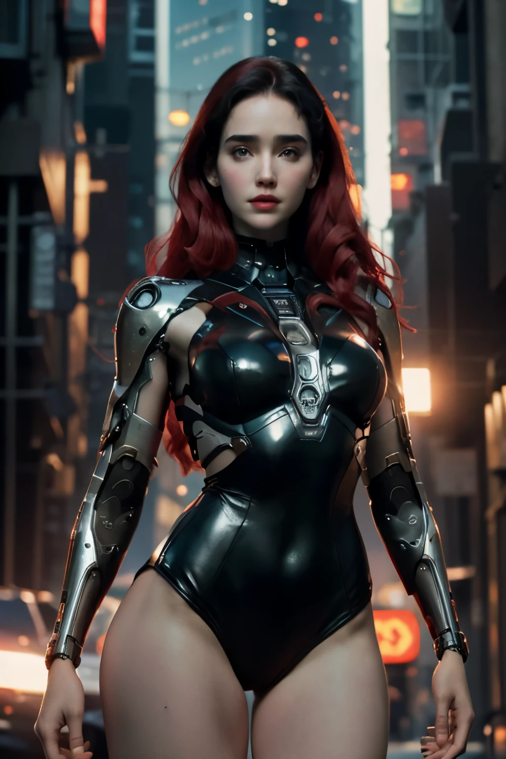 JENNIFER CONNELLY,When you were a young woman,She wears red lipstick,red hair,wear a dress ((Black hi-tech leotard)) ,she wears a collar,((cybernetic body)),In the future world,amazing night,sci fi,city at night,  realistic skin, incredible light, ultra realistic,complicated, Sharp focus, Ray Tracing, rtx, Professional photography, Masterpiece, very detailed, High quality, best quality, big breasts,She breast size is M cup, full body, she very sexy, she have perfect body, she so beautifully,She have good eyes,She is full of charm,close up,She is on duty.