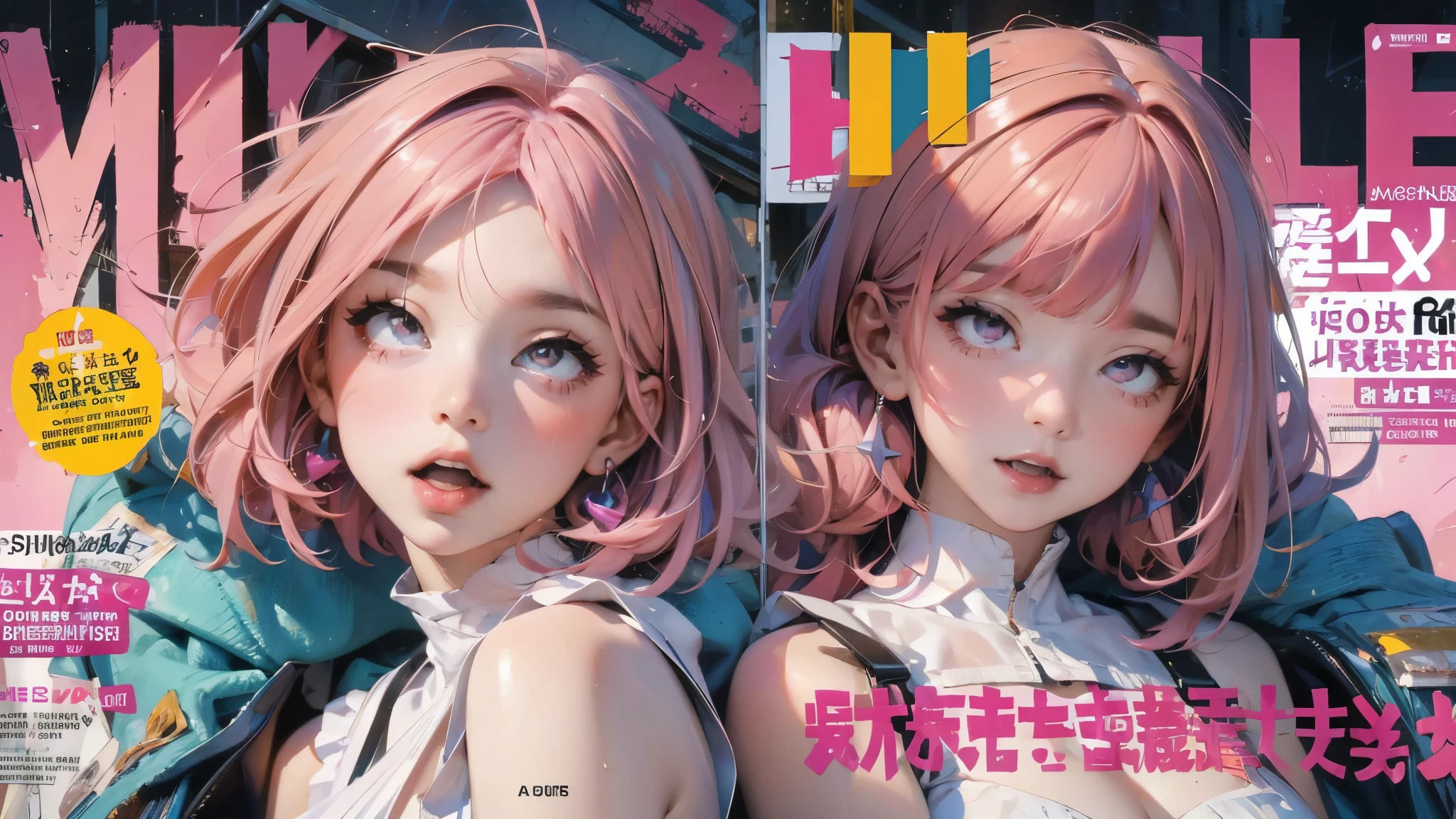 masterpiece:1.2, best quality), (magazine cover), (colorful Magazine cover with lots of text), brilliant colorful paintings, Comic cover style, (best quality, highres:1.2), 1girl, beautiful detailed eyes, (((pink hair))), beautiful detailed lips, extremely detailed eyes and face, long eyelashes, vivid colors, HDR, studio lighting, ultra-fine painting, sharp focus, physically-based rendering, extreme detail description, portraitig breasts, perfect shape, showing armpit, facing viewer, sweaty, gorgeous, arms up, sleeveless corset, magazine cover, (highly detailed:1.2), ahegao, rolling eyes, cross-eyed, open mouth, tongue out, naughty face, (((pink hair))), hair straight, mostly cloudy sky,(((tmasterpiece),(Very detailed CG unity 8K wallpaper),best qualtiy,cinmatic lighting,detailed back ground,beatiful detailed eyes,(Very fine and beautiful),(Beautiful and detailed eye description),ultra - detailed,tmasterpiece,)),facing at camera,A high resolution,ultra - detailed),revealing breast, wet all over body